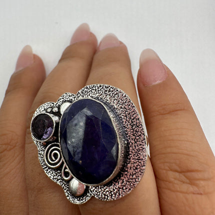 Vintage Raw Blue Sapphire Purple Amethyst Ring