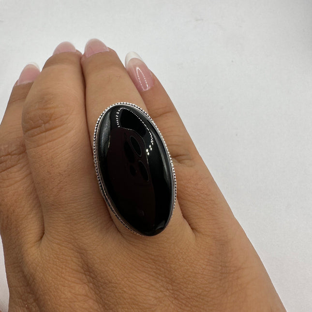 Vintage Gemstone Ring | Black Onyx Crystal Silver Finished Bronze Statement Ring - Size 7.5 - Free US Shipping