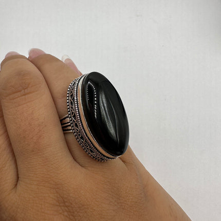 Vintage Gemstone Ring | Black Onyx Crystal Silver Finished Bronze Statement Ring - Size 7.5 - Free US Shipping