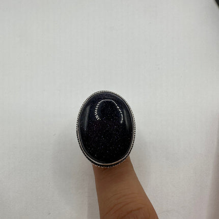 Vintage Black Onyx Ring Band - Detailed Silver Finished Bronze - Size 9.25