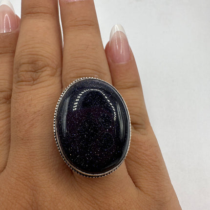 Vintage Black Onyx Ring Band - Detailed Silver Finished Bronze - Size 9.25