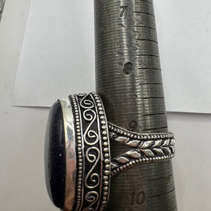 Vintage Black Onyx Ring Band - Detailed Silver Finished Bronze - Size 9.25