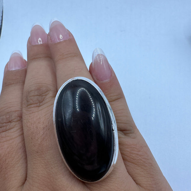 Vintage Black Onyx Ring Band - Detailed Silver Finished Bronze - Size 7.5 - Free US Shipping