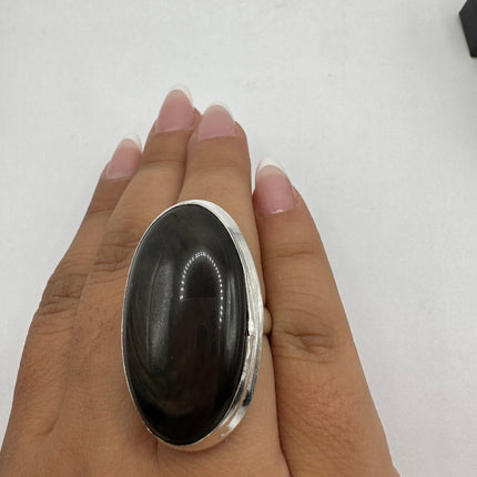 Vintage Black Onyx Ring Band - Detailed Silver Finished Bronze - Size 7.5 - Free US Shipping
