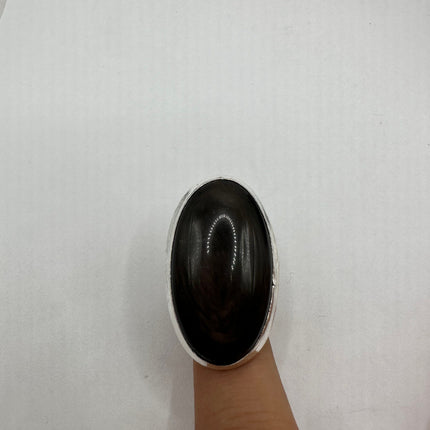 Vintage Black Onyx Ring Band - Detailed Silver Finished Bronze - Size 7.5 - Free US Shipping