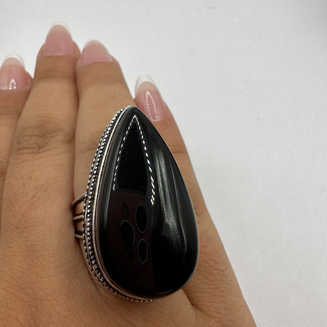 Vintage Black Onyx Ring Band - Detailed Silver Finished Bronze - Size 9.25 - Free US Shipping