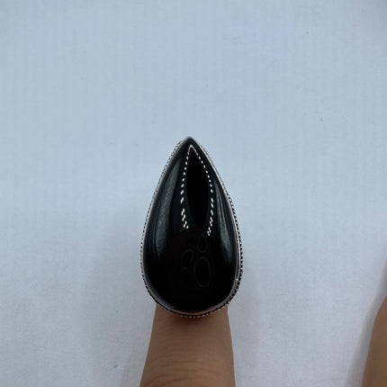 Vintage Black Onyx Ring Band - Detailed Silver Finished Bronze - Size 9.25 - Free US Shipping