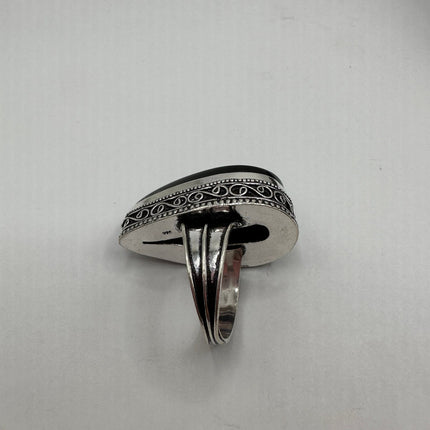 Vintage Black Onyx Ring Band - Detailed Silver Finished Bronze - Size 9.25 - Free US Shipping