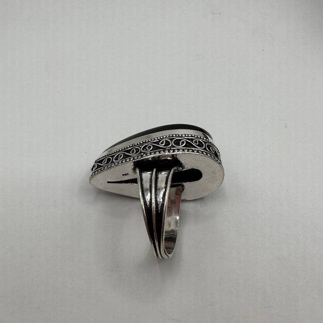 Vintage Black Onyx Ring Band - Detailed Silver Finished Bronze - Size 9.25 - Free US Shipping