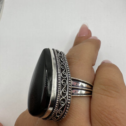 Vintage Black Onyx Ring Band - Detailed Silver Finished Bronze - Size 9.25 - Free US Shipping