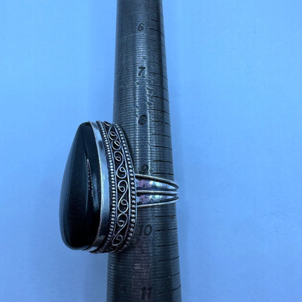 Vintage Black Onyx Ring Band - Detailed Silver Finished Bronze - Size 9.25 - Free US Shipping