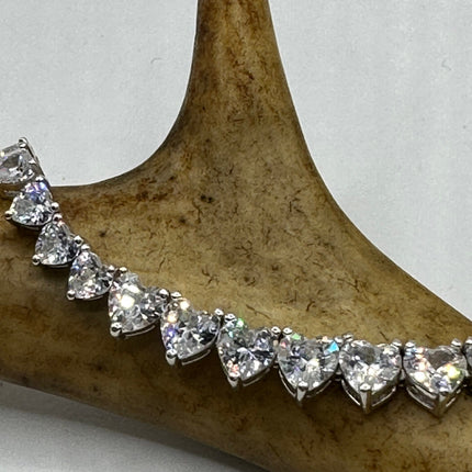 Vintage Silver Tennis Bracelet | Cubic Zirconia Crystal Diamond Gemstone Hearts | 925 Sterling Silver Dainty Stackable Tennis Bracelet