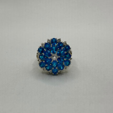 Vintage Gemstone Ring | Blue Fluorite Crystal Birthstone Statement Ring | 925 Sterling Silver Band - Size 7 Deco Flower Statement Ring