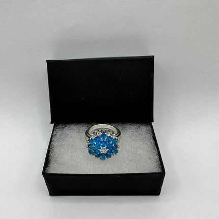 Vintage Gemstone Ring | Blue Fluorite Crystal Birthstone Statement Ring | 925 Sterling Silver Band - Size 7 Deco Flower Statement Ring