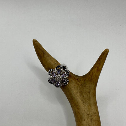 Vintage Silver Ring | Blue Tanzanite White Sapphire Gemstone Floral Cocktail Engagement Statement Wedding Ring | 925 Sterling Silver Band