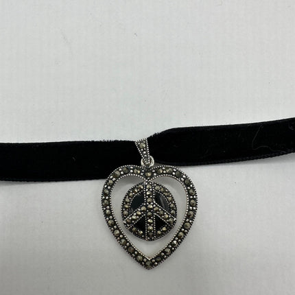 Vintage Black Onyx Marcasite Heart/Peace Sign Choker - 925 Sterling Silver