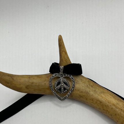 Vintage Black Onyx Marcasite Heart/Peace Sign Choker - 925 Sterling Silver