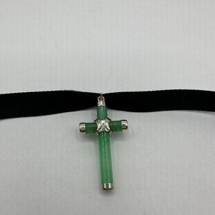 Vintage Silver Jade Pendant | Green Jade Cross Choker 925 Sterling Silver Necklace