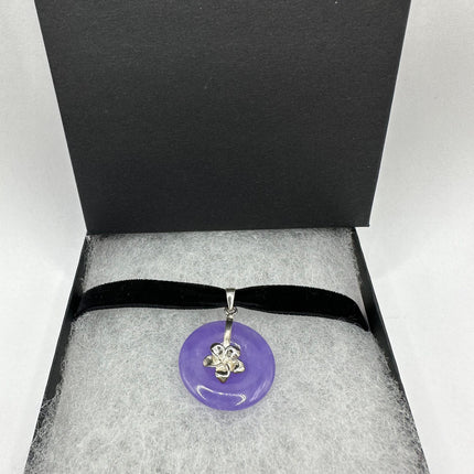 Vintage Silver Choker Necklace | Lavender Purple Jade Pendant | 925 Sterling Silver Lucky Charm Ribbon Choker Necklace