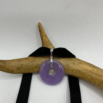 Vintage Silver Choker Necklace | Lavender Purple Jade Pendant | 925 Sterling Silver Lucky Charm Ribbon Choker Necklace