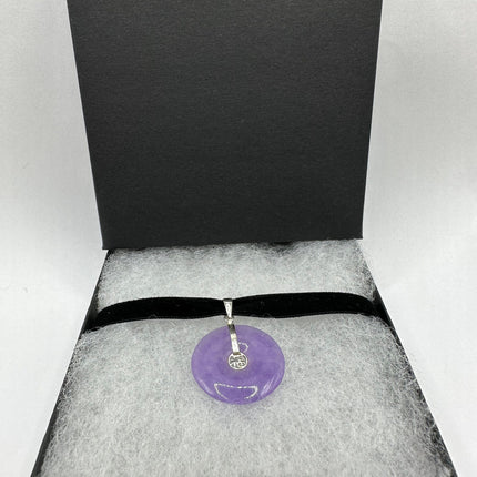 Vintage Silver Choker Necklace | Lavender Purple Jade Pendant | 925 Sterling Silver Lucky Charm Ribbon Choker Necklace