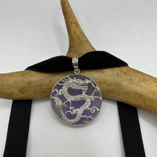 Vintage Pendant Choker Necklace | Lavender Purple Jade Gemstone Crystal | 925 Sterling Silver Lucky Dragon Charm Statement Choker