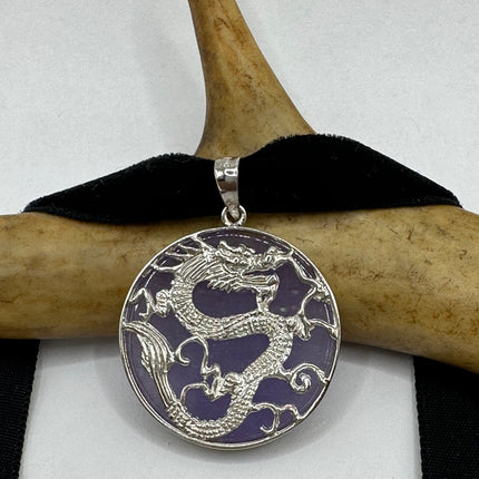 Vintage Pendant Choker Necklace | Lavender Purple Jade Gemstone Crystal | 925 Sterling Silver Lucky Dragon Charm Statement Choker