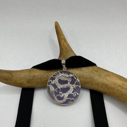 Vintage Pendant Choker Necklace | Lavender Purple Jade Gemstone Crystal | 925 Sterling Silver Lucky Dragon Charm Statement Choker