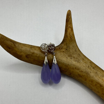 Vintage Silver Earrings | Lavender Purple Jade Gemstone 925 Sterling Silver Dangle Drop Earrings