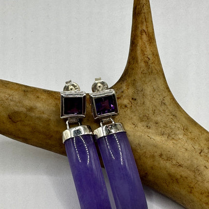 Vintage Lavender Purple Jade Drop Dangle Earrings - 925 Sterling Silver