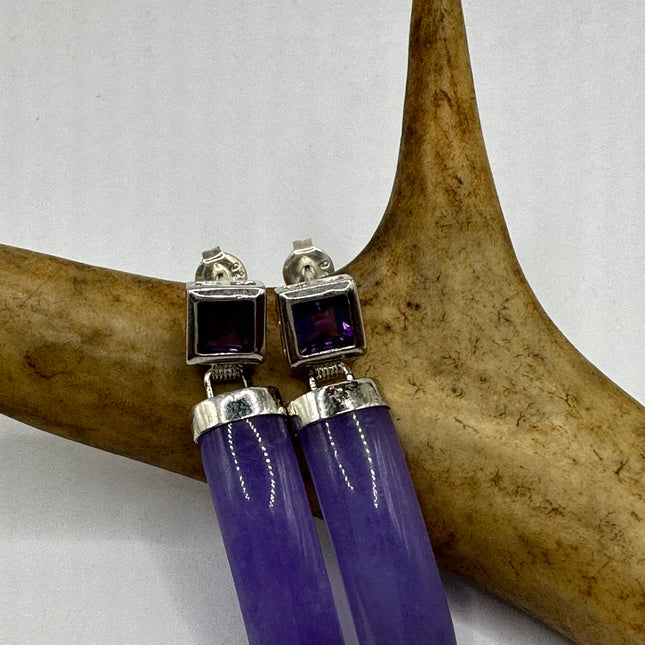 Vintage Lavender Purple Jade Drop Dangle Earrings - 925 Sterling Silver