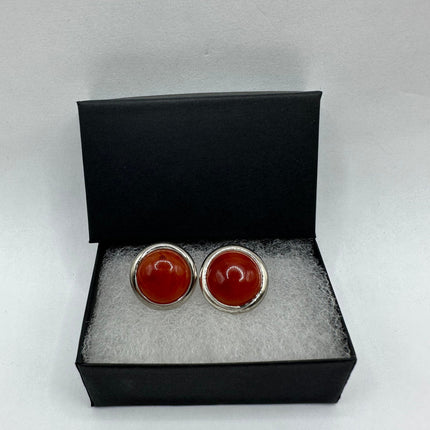 Vintage Gemstone Earrings | Red Jade Crystal Birthstone | 925 Sterling Round Silver Button Earrings