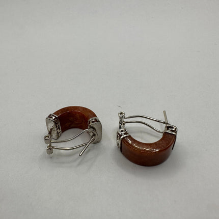 Vintage Silver Earrings | Red Jade Gemstone Hoop Loop Dangle | 925 Sterling Silver Earrings