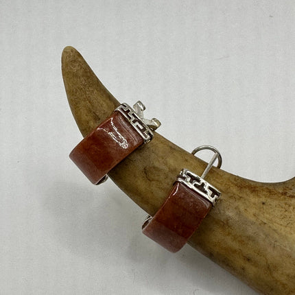 Vintage Silver Earrings | Red Jade Gemstone Hoop Loop Dangle | 925 Sterling Silver Earrings
