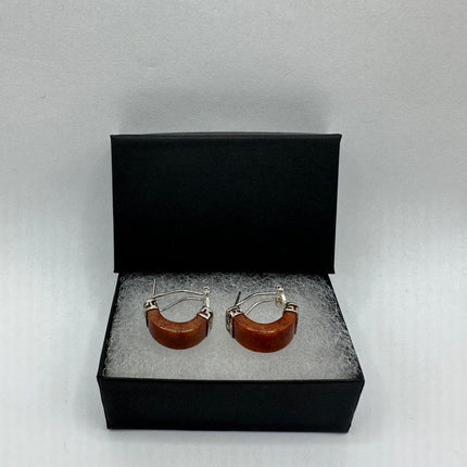 Vintage Silver Earrings | Red Jade Gemstone Hoop Loop Dangle | 925 Sterling Silver Earrings