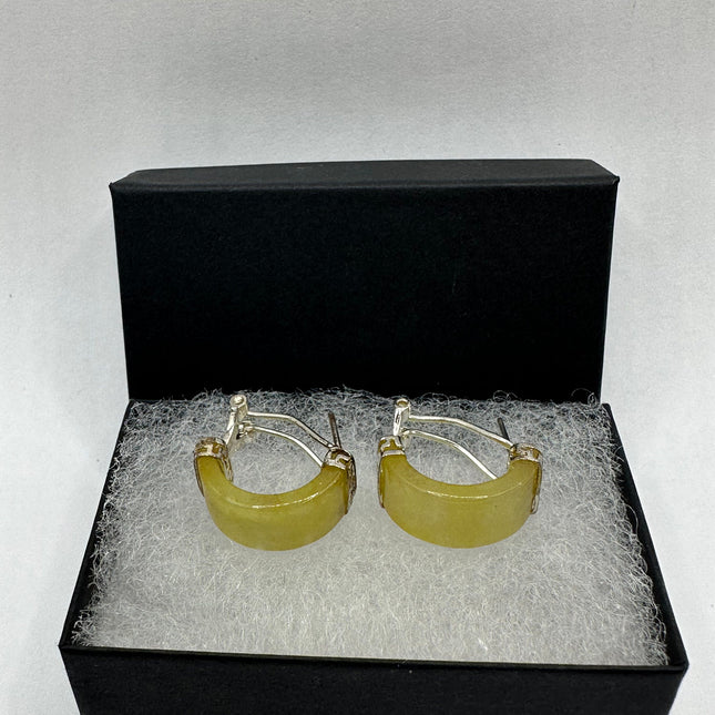 Vintage Yellow Jade 925 Sterling Silver Hoop Earrings