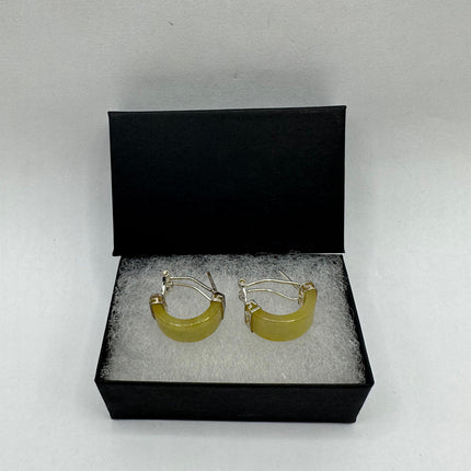 Vintage Yellow Jade 925 Sterling Silver Hoop Earrings