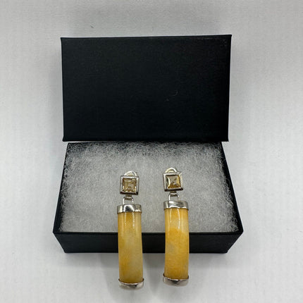 Vintage Yellow Jade 925 Sterling Silver Button Earrings