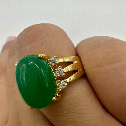 Vintage Gold Jade Ring | Green Gemstone Jade Crystal Birthstone Lucky Cocktail Ring | Golden Bronze Gold Ring