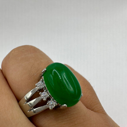 Vintage Silver Jade Ring | Emerald Green Fun Jade Clear Crystal Lucky Cocktail | Silver Finished Bronze Band