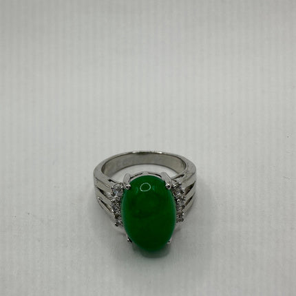 Vintage Silver Jade Ring | Emerald Green Fun Jade Clear Crystal Lucky Cocktail | Silver Finished Bronze Band