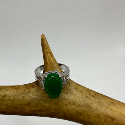 Vintage Silver Jade Ring | Emerald Green Fun Jade Clear Crystal Lucky Cocktail | Silver Finished Bronze Band
