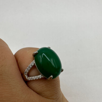 Vintage Silver Jade Ring | Emerald Green Lucky Fun Jade Large Stone Clear Crystal Diamonds | Silver Bronze Band Cocktail Ring