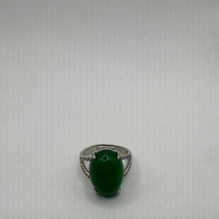 Vintage Silver Jade Ring | Emerald Green Lucky Fun Jade Large Stone Clear Crystal Diamonds | Silver Bronze Band Cocktail Ring