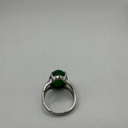 Vintage Silver Jade Ring | Emerald Green Lucky Fun Jade Large Stone Clear Crystal Diamonds | Silver Bronze Band Cocktail Ring