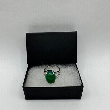 Vintage Silver Jade Ring | Emerald Green Lucky Fun Jade Large Stone Clear Crystal Diamonds | Silver Bronze Band Cocktail Ring