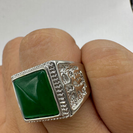 Vintage Silver Jade Ring | Large Emerald Green Fun Jade Lucky Gemstone | Bronze Setting Silver Band Unique Wedding Cocktail Statement Ring