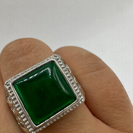 Vintage Silver Jade Ring | Large Emerald Green Fun Jade Lucky Gemstone | Bronze Setting Silver Band Unique Wedding Cocktail Statement Ring