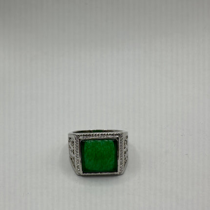 Vintage Silver Jade Ring | Large Emerald Green Fun Jade Lucky Gemstone | Bronze Setting Silver Band Unique Wedding Cocktail Statement Ring