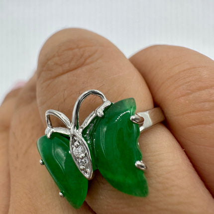 Vintage Silver Ring | Emerald Green Jade Gemstone Butterfly Lucky Cocktail Ring | Silver Bronze Setting Size 7 and 8 | Unique Style Ring